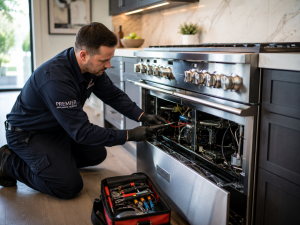 Specialist technician servicing a Viking range in a luxury home kitchen